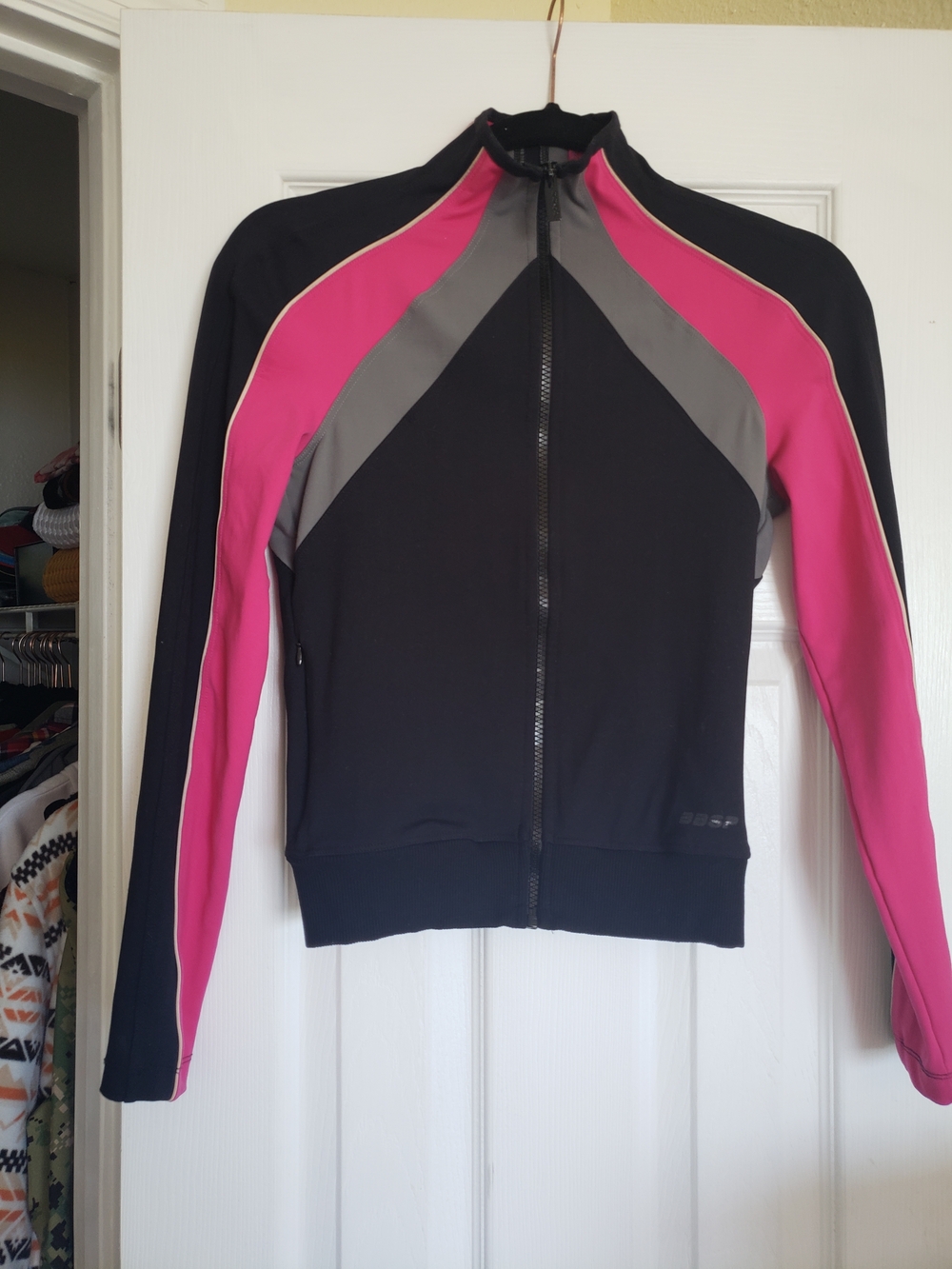 bebe Black, Pink & Gray Zip-Front Bomber Jacket